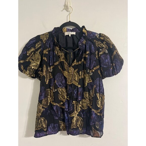 SEA NEW YORK Metallic Floral Puff Sleeve Blouse | Shimmer Dressy Top size Small - Picture 2 of 12